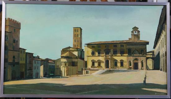 Peter Berrisford (1932-2003) Italian town square 15.5 x 27.5in.